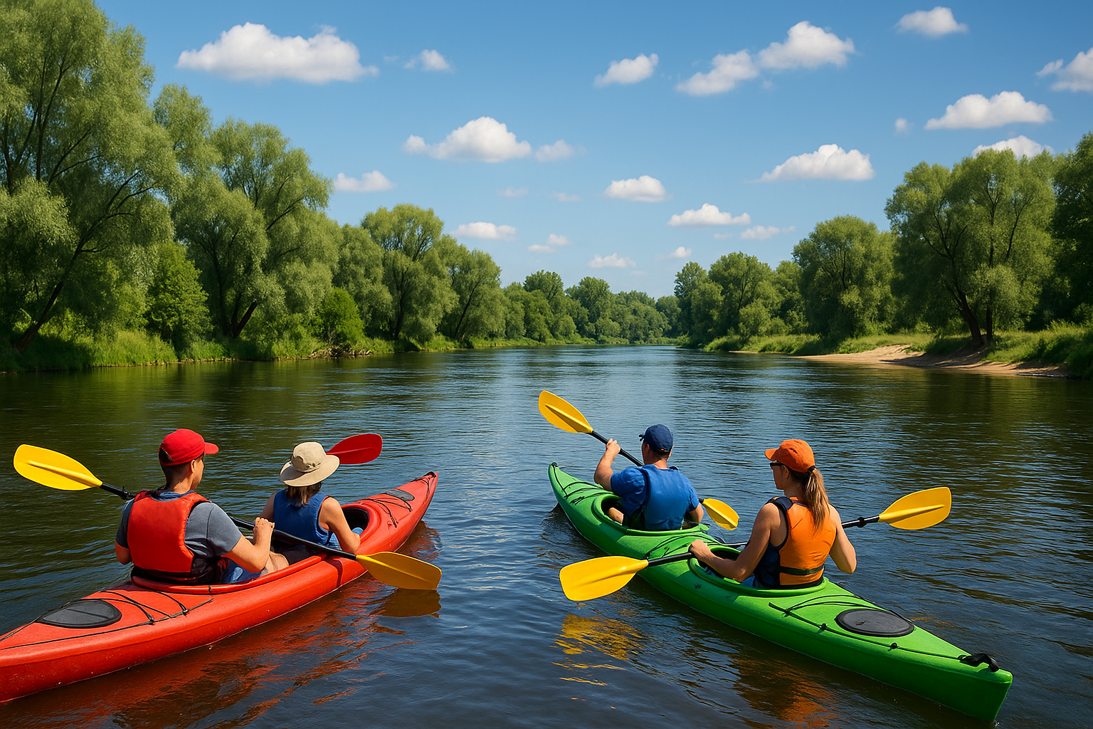 Kolorowe kajaki na rzece Pilicy w słoneczny dzień, otoczone zielenią