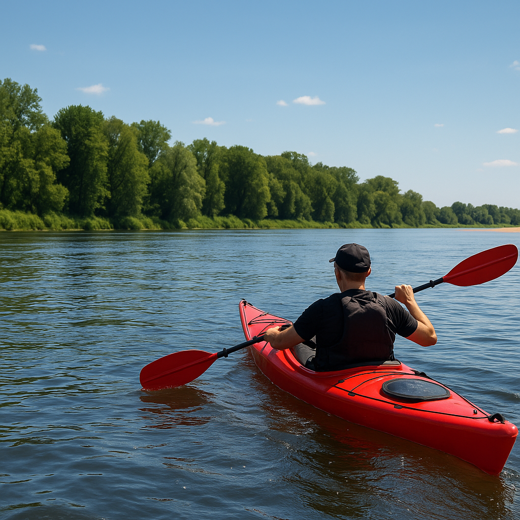 Kajakarz na spokojnej rzece Pilicy podczas letniego spływu