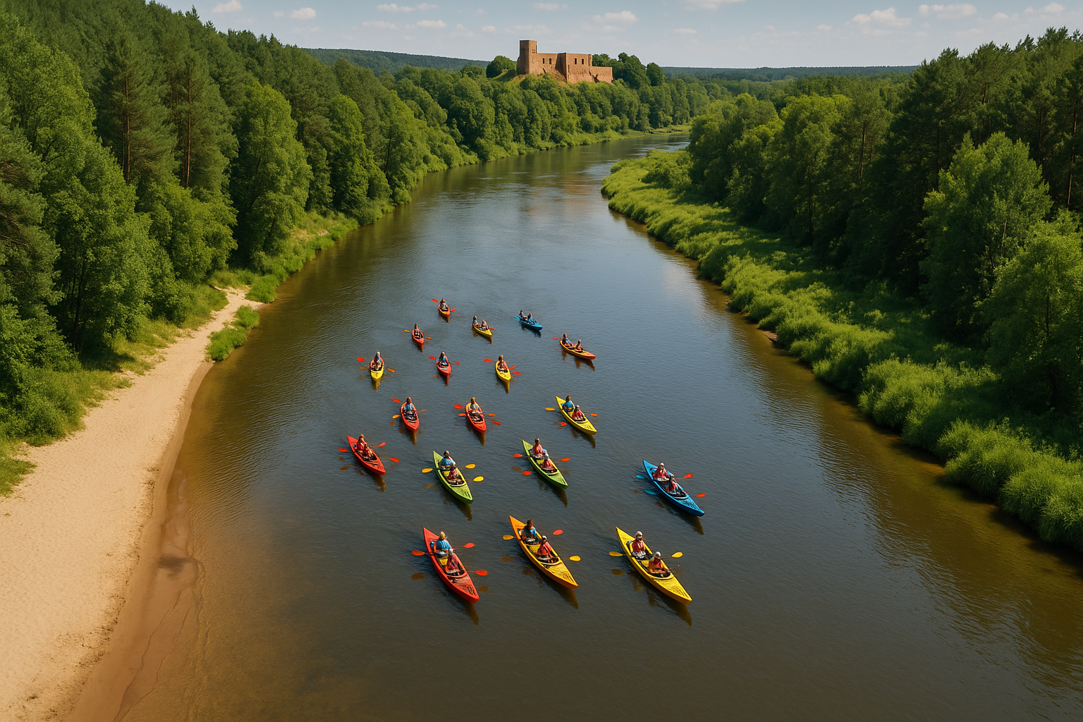 Grupa kajaków na rzece Pilica w Inowłodzu widziana z góry, w tle zamek i las