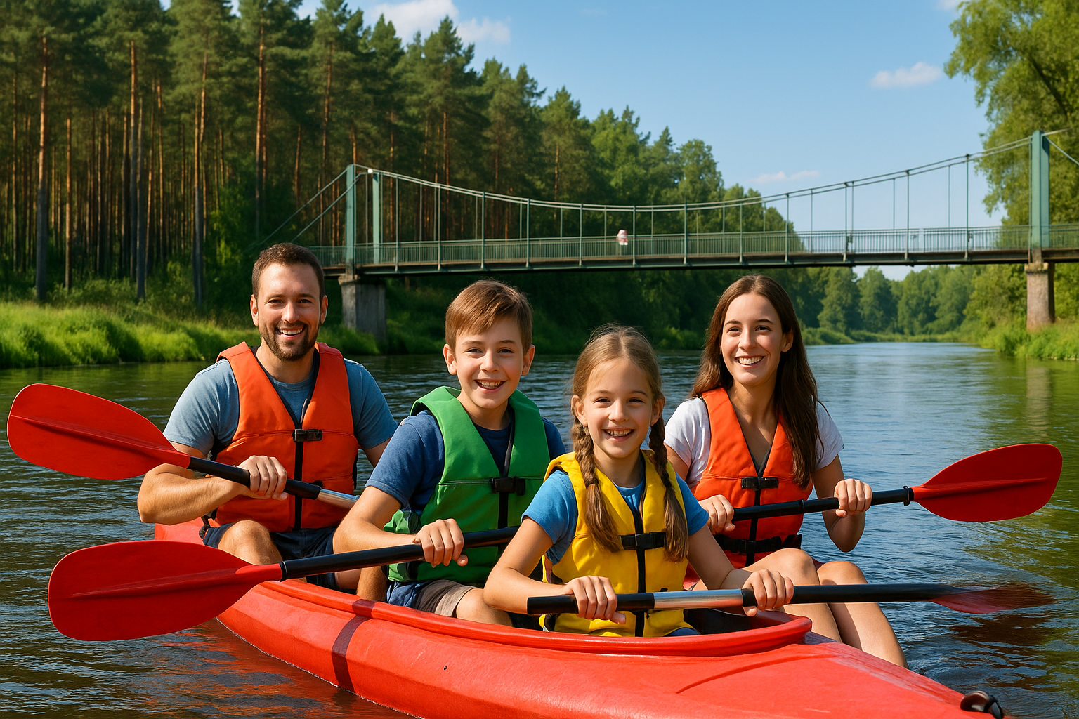 Rodzina w kajaku na rzece Pilicy w Spale