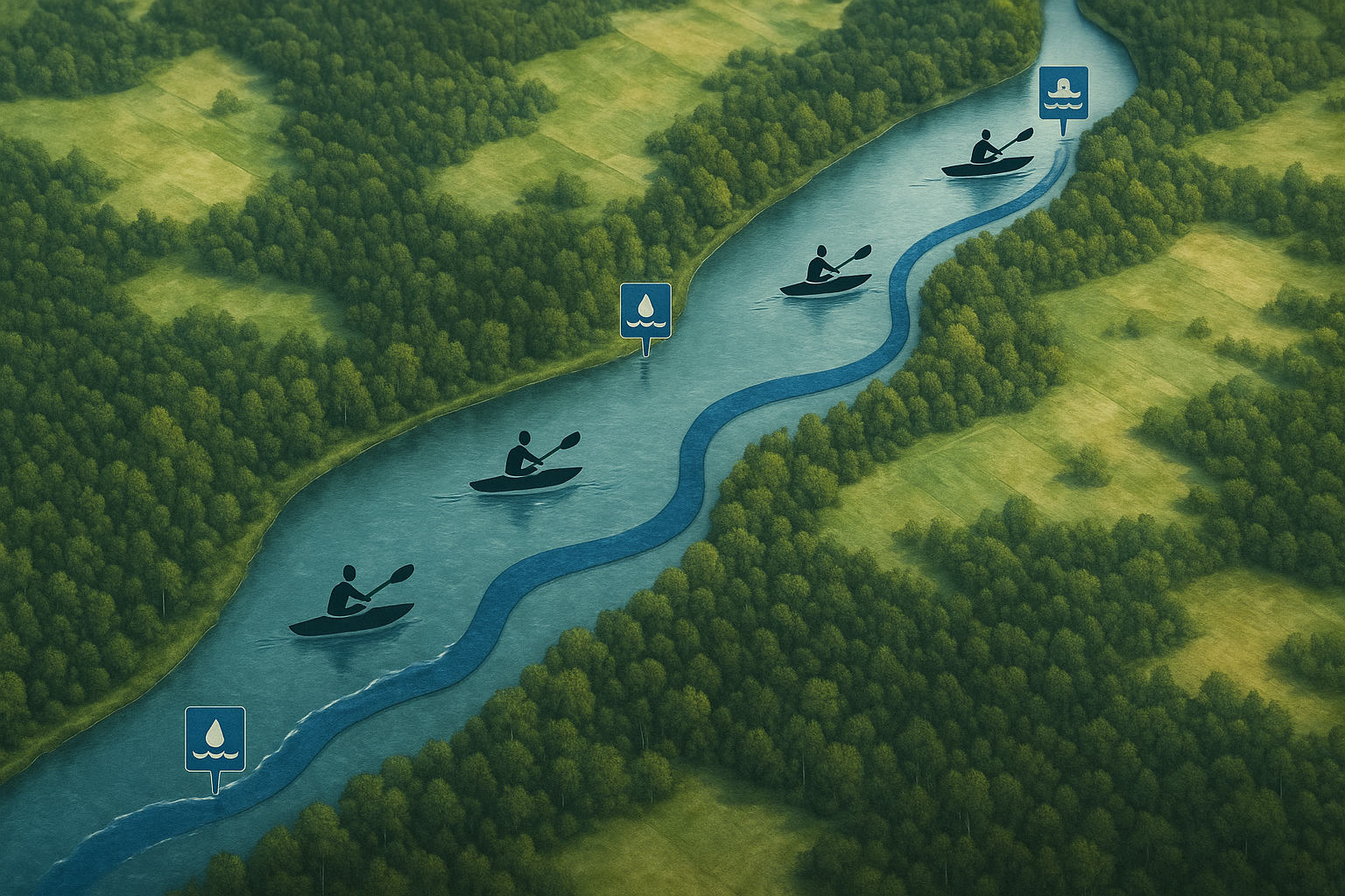 Mapa Pilicy z ikonami wodowskazów i kajakarzy