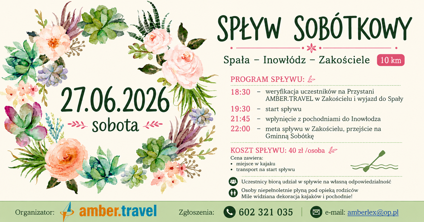 Spływ sobótkowy 2026 na trasie Spała Inowłódz, Zakościele