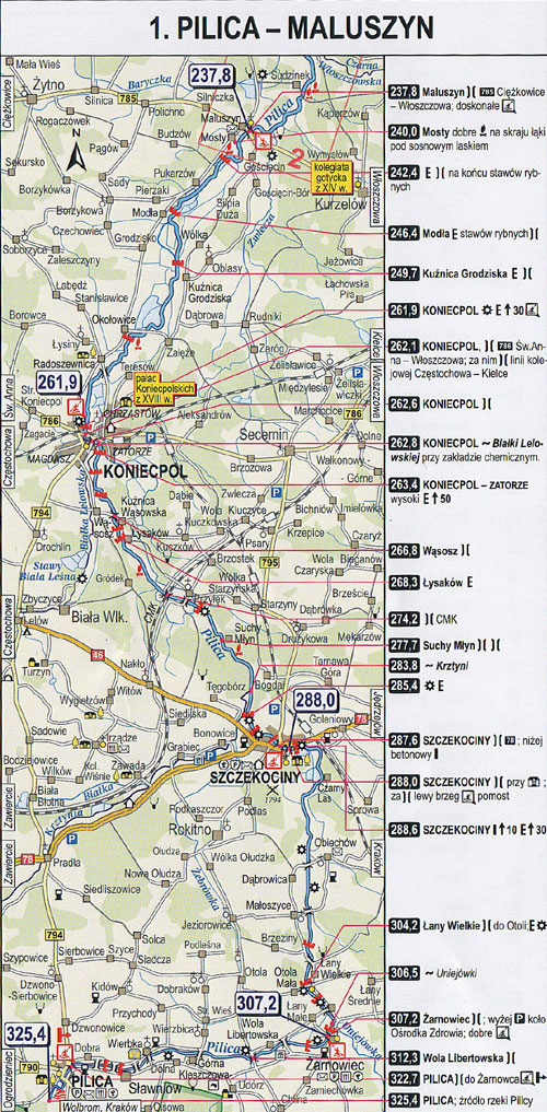 Pilica - mapa z kilometrażem, odcinek 1