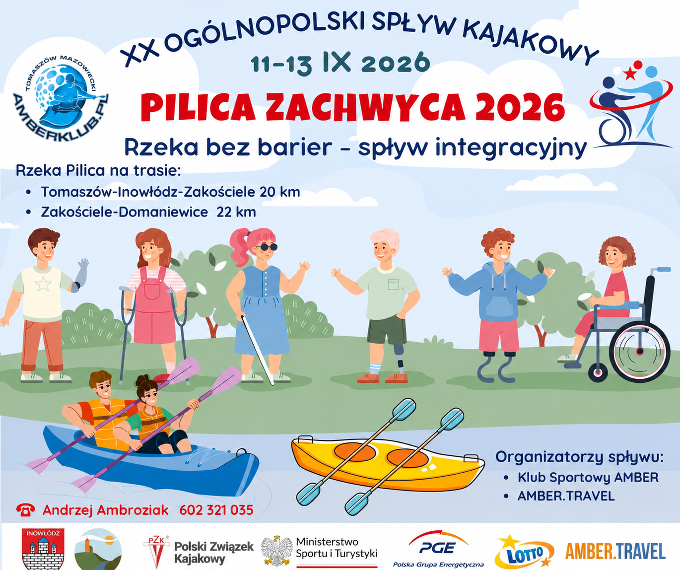 Plakat XX Ogólnopolskiego Spływu Kajakowego Pilica Zachwyca 2026, rzeka bez barier, 11-13 września 2026